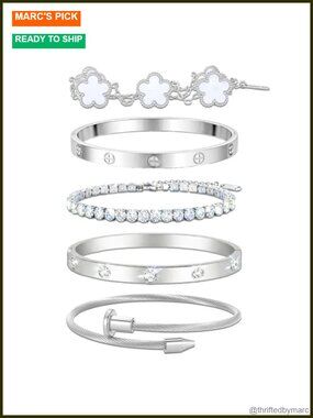 18K Gold Plated Love Bangle Bracelet Stack with CZ Tennis Chain for Women